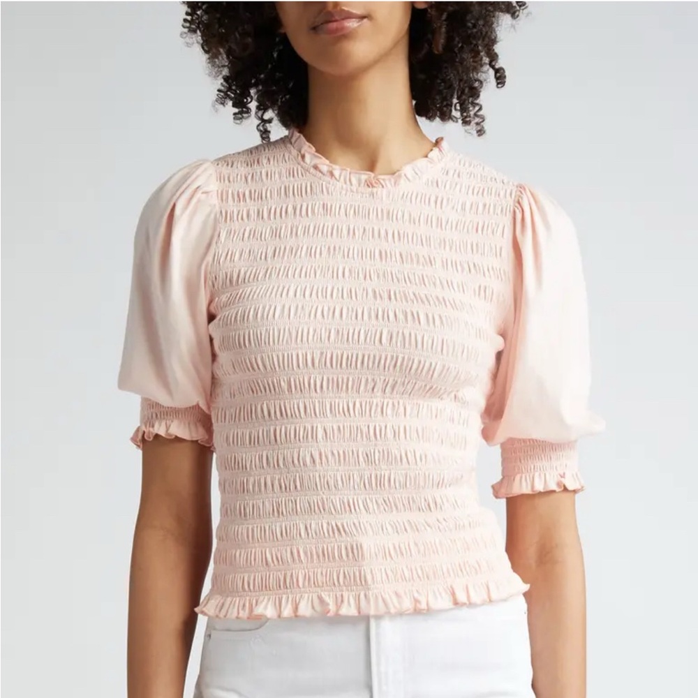 NEW Veronica Beard Langston Smocked Short Sleeve Cotton Top Pink Naze Size M